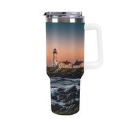 QMKFWT Portland River Lighthouse Sunrise - Tasse à café de voyage réutilisable, durable, en acier inoxydable avec poignée et paille, résistant aux fuites, portable, tasse isotherme pour homme et femme