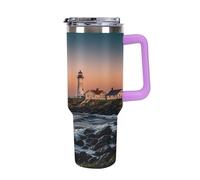 QMKFWT Portland River Lighthouse Sunrise - Tasse à café de voyage réutilisable, durable, en acier inoxydable avec poignée et paille, résistant aux fuites, portable, tasse isotherme pour homme et femme