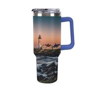QMKFWT Portland River Lighthouse Sunrise - Tasse à café de voyage réutilisable, durable, en acier inoxydable avec poignée et paille, résistant aux fuites, portable, tasse isotherme pour homme et femme