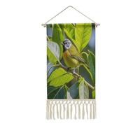 QMKFWT Poster mural à suspendre avec pampille en coton et lin - Motif feuilles vertes et oiseaux - Décoration murale verticale pour salon, bureau, chambre à coucher