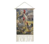 QMKFWT Poster mural à suspendre en coton et lin avec pompon - Motif poules et la ferme - Décoration murale verticale pour salon, bureau, chambre à coucher
