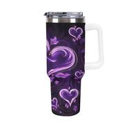 QMKFWT Purple Love - Tasse à café de voyage réutilisable en acier inoxydable durable avec poignée et paille, résistant aux fuites, portable, tasse isotherme pour homme et femme, 1200 ml
