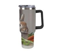 QMKFWT Rabbit Is Eating Vegetables - Tasse à café de voyage réutilisable en acier inoxydable durable avec poignée et paille, résistant aux fuites, tasse isotherme portable pour homme et femme, 1,2 l