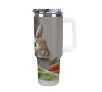 QMKFWT Rabbit Is Eating Vegetables - Tasse à café de voyage réutilisable en acier inoxydable durable avec poignée et paille, résistant aux fuites, tasse isotherme portable pour homme et femme, 1,2 l