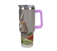 QMKFWT Rabbit Is Eating Vegetables - Tasse à café de voyage réutilisable en acier inoxydable durable avec poignée et paille, résistant aux fuites, tasse isotherme portable pour homme et femme, 1,2 l