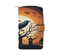 QMKFWT Raven Halloween Portefeuille long en cuir pour chéquier classique à deux volets avec fenêtre d'identification pour femme