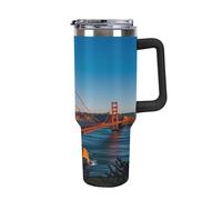 QMKFWT San Francisco Bay Bridge - Tasse à café de voyage réutilisable en acier inoxydable durable avec poignée et paille, résistant aux fuites, portable, gobelet isotherme pour homme et femme, 1,2 l