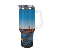 QMKFWT San Francisco Bay Bridge - Tasse à café de voyage réutilisable en acier inoxydable durable avec poignée et paille, résistant aux fuites, portable, gobelet isotherme pour homme et femme, 1,2 l