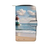QMKFWT Sea Lighthouse Sandbeach Portefeuille long en cuir pour chéquier classique à deux volets avec fenêtre pour carte d'identité