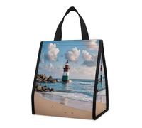 QMKFWT Sea Lighthouse Sandbeach Sac à déjeuner isotherme pliable et réutilisable pour homme et femme