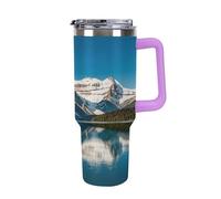 QMKFWT Tasse à café de voyage Panorama of The Lake Louise Mountains - Gobelet isotherme réutilisable en acier inoxydable durable avec poignée et paille, résistant aux fuites, portable - Cadeau idéal