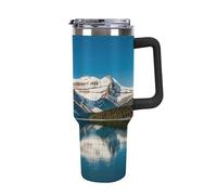 QMKFWT Tasse à café de voyage Panorama of The Lake Louise Mountains - Gobelet isotherme réutilisable en acier inoxydable durable avec poignée et paille, résistant aux fuites, portable - Cadeau idéal