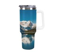 QMKFWT Tasse à café de voyage Panorama of The Lake Louise Mountains - Gobelet isotherme réutilisable en acier inoxydable durable avec poignée et paille, résistant aux fuites, portable - Cadeau idéal