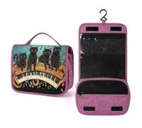 QMKFWT Trousse de toilette étanche avec crochet de suspension - Quatre chats noirs sur le piano - Trousse de maquillage pour femme - Essentiels de voyage