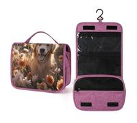 QMKFWT Trousse de toilette Golden Retriever et fleurs - Étanche - Avec crochet de suspension - Pour femme - Essentiels de voyage