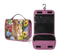 QMKFWT Trousse de toilette Golden Retriever et fleurs - Étanche - Avec crochet de suspension - Pour femme - Essentiels de voyage