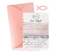 QMLING Cadeau de baptême pour fille, carte de baptême avec enveloppe, carte de baptême avec poisson en bois, carte de baptême fille avec bracelet ange, cadeau de baptême fille pour baptisé, parrain et