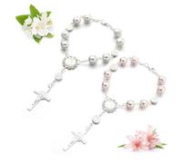 QMLING Lot de 2 bracelets chapelet chrétien, chapelet de voiture, bracelet de perles croisées, pendentif de rétroviseur, porte-bonheur, accessoire de voiture (blanc et rose)