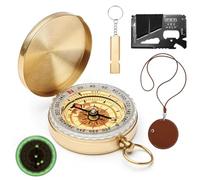 QMLING Lot de 4 boussoles en laiton étanches avec fluorescence, carte multifonction avec étui en cuir et sifflet, boussole de poche portable pour enfants, adultes, activités de plein air