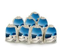 QMNBTES Santorini Lot de 8 sacs cadeaux en mousseline avec cordon de serrage Motif île grecque avec cordon de serrage