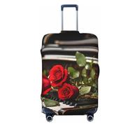 QMNEHJ Housse de protection pour bagages de voyage avec rose rouge sur piano - Élastique - Anti-rayures - Étanche - Convient aux valises de 45,7 à 81,3 cm, Noir , S