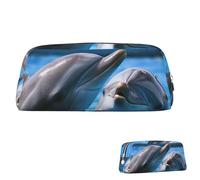 QMNEHJ Trousse à crayons de grande capacité en cuir synthétique avec deux dauphins dans l'eau, petite pochette à fermeture éclair, trousse esthétique, portable pour homme et femme, Argenté., Taille