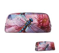 QMNEHJ Trousse à crayons de grande capacité en cuir synthétique avec fleur et libellule bleue, petite pochette à fermeture éclair, trousse esthétique, portable pour homme et femme, doré, Taille unique