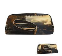 QMNEHJ Trousse à crayons de grande capacité en cuir synthétique avec motif bateau sur la rive du lac, petite pochette à fermeture éclair, esthétique, trousse de maquillage portable pour homme et femme