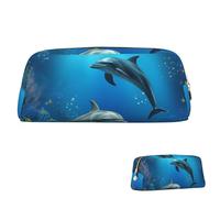 QMNEHJ Trousse à crayons de grande capacité en cuir synthétique avec motif dauphins du monde sous-marin, corail, petite pochette à fermeture éclair, esthétique, trousse de maquillage portable pour