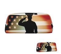 QMNEHJ Trousse à crayons de grande capacité en cuir synthétique avec motif de remerciement, soldat saluant le drapeau de l'Amérique, petite pochette à fermeture éclair, esthétique, trousse de
