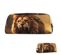 QMNEHJ Trousse à crayons de grande capacité en cuir synthétique avec motif lion rugissant en colère - Petite pochette à fermeture éclair - Esthétique - Pochette de maquillage portable pour homme et