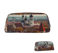 QMNEHJ Trousse à crayons de grande capacité en cuir synthétique Tallinn Estonie paysage urbain petite pochette à fermeture éclair esthétique, trousse de maquillage portable pour homme et femme