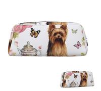 QMNEHJ Trousse à crayons de grande capacité en cuir synthétique Yorkshire Terrier, thé, papillons, roses, petite pochette à fermeture éclair, esthétique, trousse de maquillage portable pour homme et