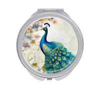 QMNRTK Beau miroir de poche rond avec motif paon et floral pour sac à main, miroir de maquillage de voyage avec grossissement 30x/1x pour femme
