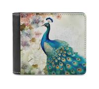 QMNRTK Beau portefeuille en cuir paon et floral à deux volets pour homme et femme, blocage RFID, capacité supplémentaire, coutures ultra résistantes, portefeuille fin avec 8 emplacements pour cartes,