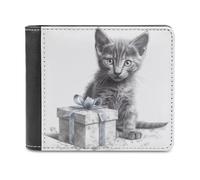 QMNRTK Cat Next to Gift Box Portefeuille en cuir à deux volets pour homme et femme avec blocage RFID, capacité supplémentaire, coutures ultra résistantes, portefeuille fin avec 8 emplacements pour