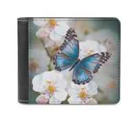 QMNRTK Portefeuille à deux volets en cuir avec motif papillon bleu sur fleur pour homme et femme, blocage RFID, capacité supplémentaire, coutures ultra résistantes, portefeuille fin avec 8