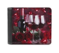 QMNRTK Portefeuille à deux volets en cuir avec motif roses et lunettes de vin rouge pour homme et femme, blocage RFID, capacité supplémentaire, coutures ultra résistantes, portefeuille fin avec 8