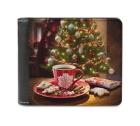 QMNRTK Portefeuille à deux volets en cuir motif sapin de Noël et chocolat chaud pour homme et femme, blocage RFID, capacité supplémentaire, coutures ultra résistantes, portefeuille fin avec 8