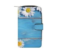 QMNRTK Portefeuille en bois bleu à motif de marguerites avec blocage RFID - Portefeuille fin à deux volets en cuir véritable minimaliste avec poche avant pour homme et femme - Style : 19,7 x 11 x 3,5