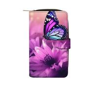 QMNRTK Portefeuille fin à deux volets en cuir véritable minimaliste avec poche avant pour homme et femme, motif fleurs et papillons violets, 19,7 x 11 x 3,5 cm, Style :, 19.7x11x3.5cm