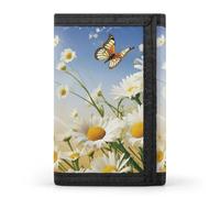 QMNRTK Portefeuille fin à triple pli avec fleurs de camomille courbées et papillons volants, portefeuille fin personnalisé gravé RFID pour homme et femme, style, taille unique, Style :, Taille unique