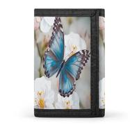 QMNRTK Portefeuille fin à triple volet avec motif papillon bleu sur fleur - Portefeuille fin personnalisé avec blocage RFID pour homme et femme - Style - Taille unique, Style :, Taille unique