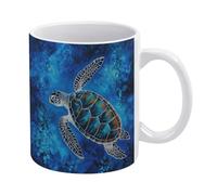 QMNRTK Tasse à café en porcelaine bleue tortue de mer avec poignée pour boissons chaudes ou froides comme le cacao, le lait, le thé ou l'eau - Céramique lisse avec design exquis, blanc