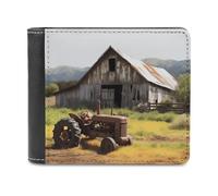 QMNRTK Vieille grange en bois avec tracteur rouillé portefeuille à deux volets pour homme et femme, blocage RFID, capacité supplémentaire, coutures ultra résistantes, portefeuille fin avec 8