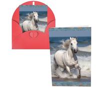 QMNSEHF Carte de vœux vierge avec enveloppes, motif cheval blanc courant sur la mer, carte de remerciement, carte d'anniversaire pour femme, homme, Noël, Halloween, mariage, cartes de vœux vierges
