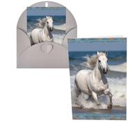 QMNSEHF Carte de vœux vierge avec enveloppes, motif cheval blanc courant sur la mer, carte de remerciement, carte d'anniversaire pour femme, homme, Noël, Halloween, mariage, cartes de vœux vierges