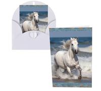 QMNSEHF Carte de vœux vierge avec enveloppes, motif cheval blanc courant sur la mer, carte de remerciement, carte d'anniversaire pour femme, homme, Noël, Halloween, mariage, cartes de vœux vierges