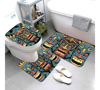 QMNSEHF Lot de 3 tapis de bain doux et absorbants avec motif masque Tiki coloré et tapis contour en forme de U, tapis de bain antidérapant pour abattant de toilettes, tapis de bain pour salle de bain