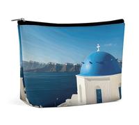 QMNVBDS Santorini - Trousse de maquillage de voyage étanche avec vue sur la mer sur l'île grecque, petite pochette à fermeture éclair, sac de voyage portable pour articles de toilette, jolie pochette